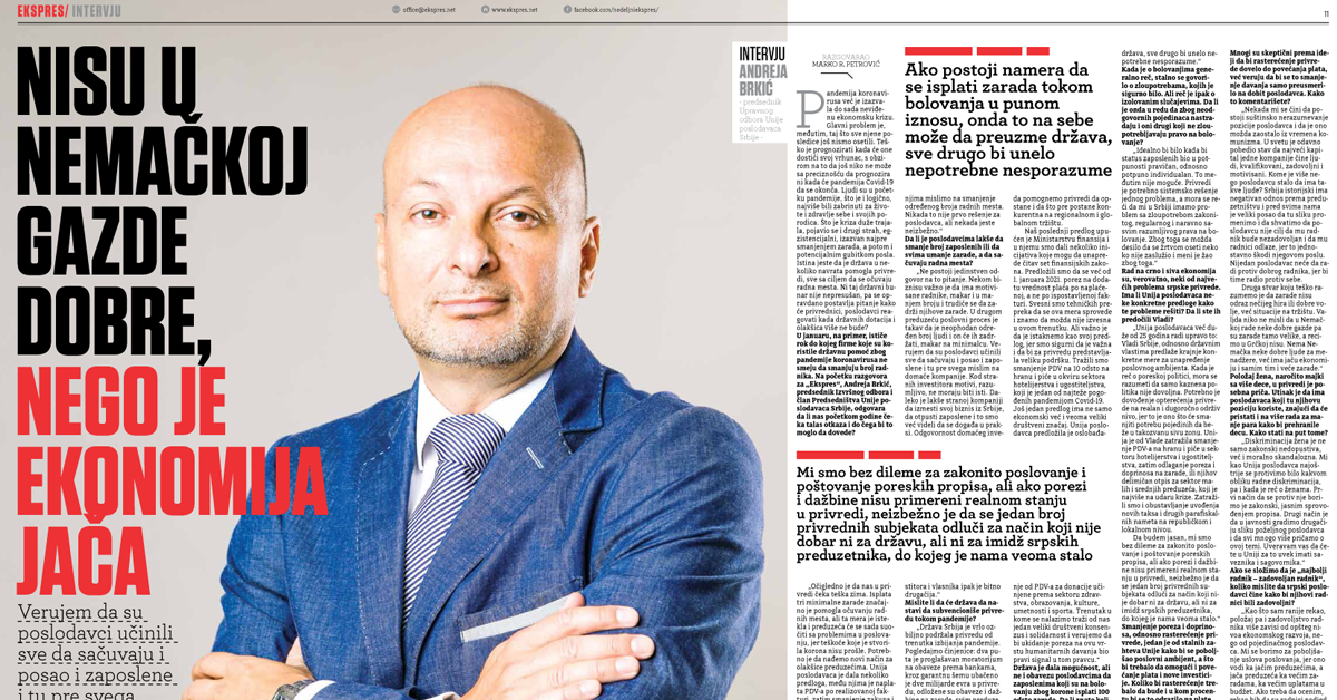 Andreja Brkić - predsednik IO Unija poslodavaca Srbije - intervju za nedeljnik Ekspres